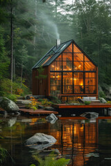 Obraz premium Glass transparent house by the lake in the middle of a quiet forest