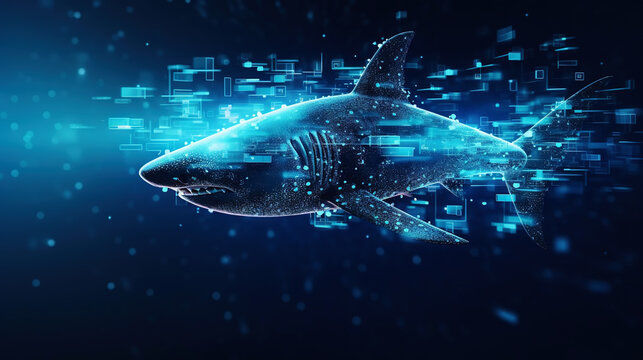 Big data visualization where a digital shark swims in the data stream. Futuristic background. Generative AI © kovalovds