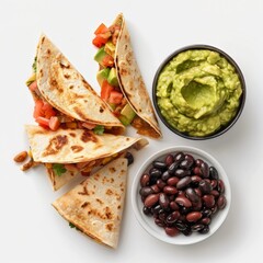 White Plate With Quesadillas and Black Beans