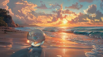Glass Ball on Sandy Beach - obrazy, fototapety, plakaty