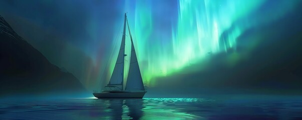 A sailboat traverses a sea lit by the ethereal glow of the aurora where fantasy and reality merge on waves of light