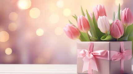 Pink tulips bouquet in gift box on bokeh background
