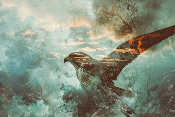 A bird of prey superimposed with the texture of a dramatic cloudy sky in a double exposure