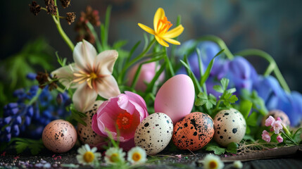 Obraz na płótnie Canvas Vibrant spring flowers adorned with Easter eggs decoration. AI generative