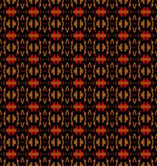 Seamless pattern of colored geometric elements on isolated black background. Abstract colorful texture. Indian pattern 