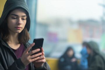 Close-up shot of a teenage girl scrolling social media on a mobile phone. Focus on the phone