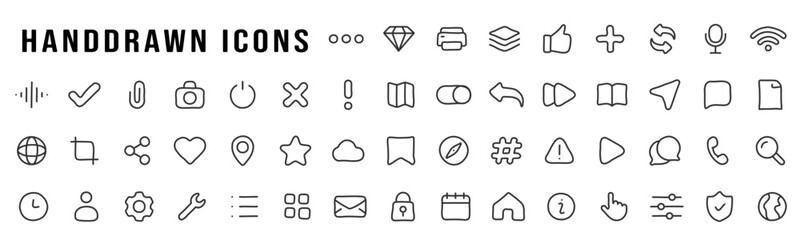Basic user interface hand drawn line icon big set. Notification, user, share, heart, like, calendar etc. Editable stroke