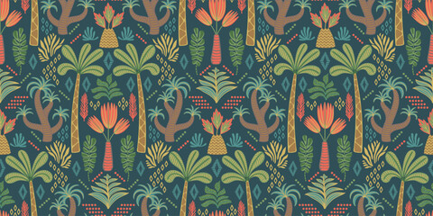 Ethnic tropical seamless pattern with palms. Modern abstract design for paper, cover, fabric, interior decor and other - 745579275