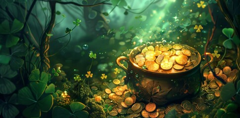 Pot of Gold Coins in Forest - obrazy, fototapety, plakaty