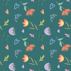 Seamless pattern with stylized garden flower, plants illustration for fashion, fabric, wallpaper and all prints on green background color. Cute pattern in small flower.