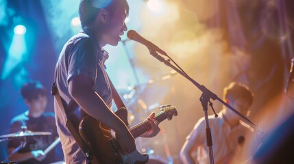 Asian musician playing guitar and singing into microphone on stage with band - obrazy, fototapety, plakaty