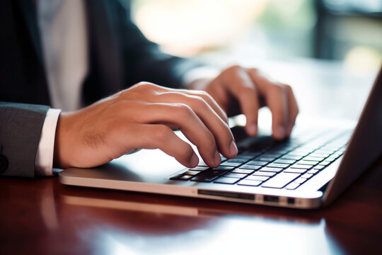 Close up of a businessman texting on a computer keyboard