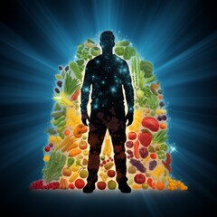 Healthy food concept with silhouette of a man standing in front of healthy food