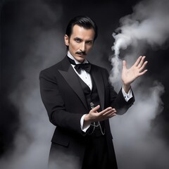 the magician in the black background and smoke