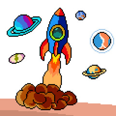 pixel art of rocket launch space