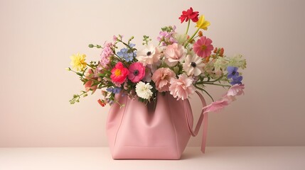 A pink leather hobo bag, its contents overflowing with bright spring blooms, set against an ivory backdrop.