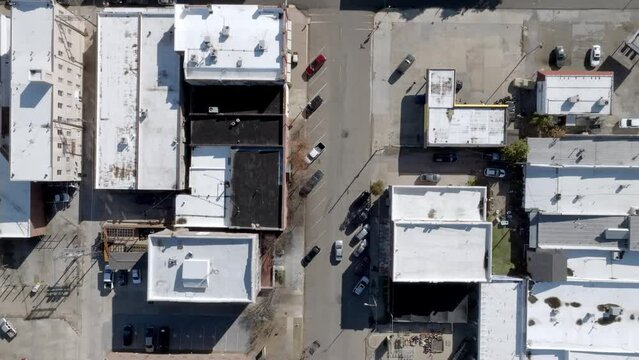 Downtown Clarksdale, Mississippi with drone video overhead looking down.