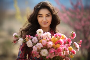 Naklejka premium Kazakh young woman with flowers. 20 year old beautiful girl, close-up portrait.