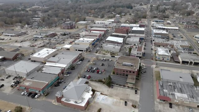 Downtown Clarksdale, Mississippi with drone video moving in and down.