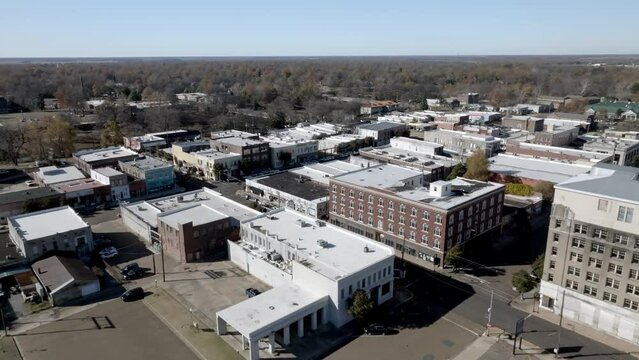 Downtown Clarksdale, Mississippi with drone video moving forward.