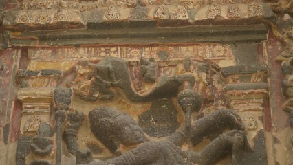 Surviving plaster, sculptures and painted artwork of Ellora Caves, Maharashtra, India