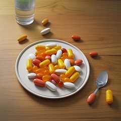 Tablets and capsules on a plate with a spoon on a dark background