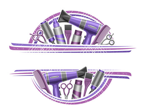Vector border for Hair Salon with empty copyspace for ad text, decorative sign board with illustration of hair stylist accessories, purple colored beauty tools for lady hair salon on white background