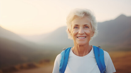 Portrait happy elder woman hiker with backpacks walks in mountains at sunset, elderly tourist adventure.