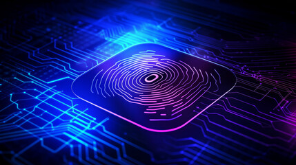 Concept Protect personal data banner. Security system with fingerprint on cyber technology neon background