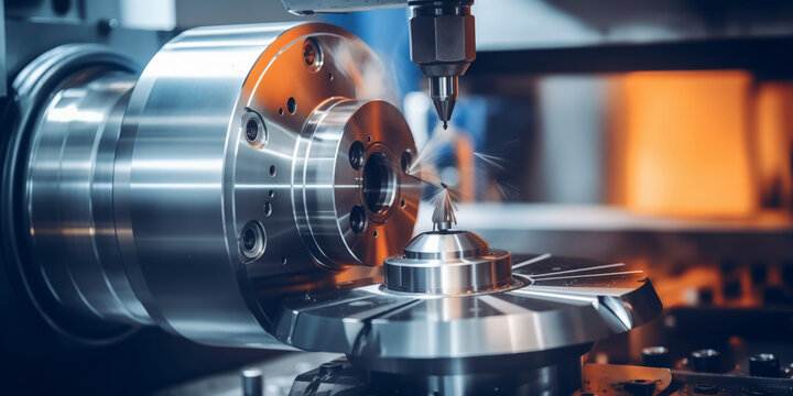 CNC turning drill milling factory processes steel turbine part process. Metal machine tools industry banner