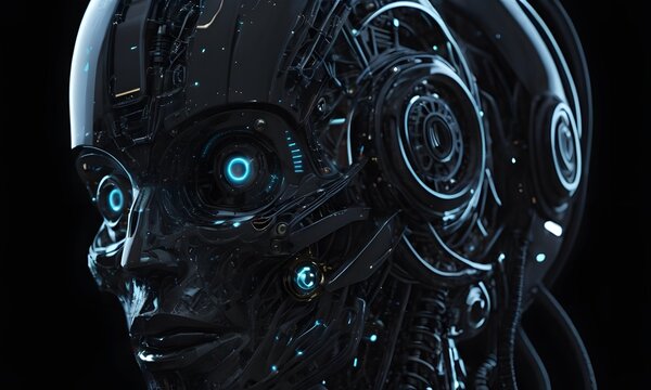 A portrait of a futuristic robot, revealing a complex blend of mechanical components and circuits against a dark backdrop. AI Generated