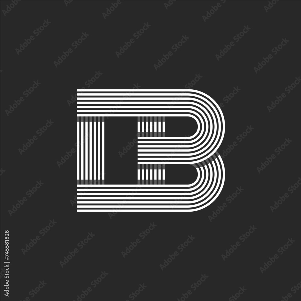 Wall mural Monogram logo mockup: IB or BI initials. Overlapping parallel lines, black and white. Two linked letters, I and B, connected by linear thin stripes. Minimal style typography design. - Wall murals