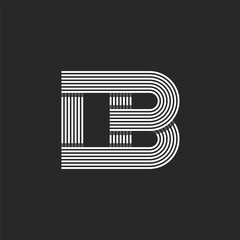 Monogram logo mockup: IB or BI initials. Overlapping parallel lines, black and white. Two linked letters, I and B, connected by linear thin stripes. Minimal style typography design.