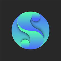 Letter S logo in a round shape, featuring a green and blue gradient symbol with a 3D shadows effect. Creative identity circular emblem design mockup.