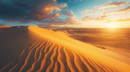 A breathtaking desert landscape with towering sand dunes stretching to the horizon, bathed in the golden light of sunset, casting long shadows across the rippling sands