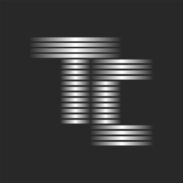 Letters TC or CT logo design featuring metallic thin parallel lines, a combination of two letters T and C striped monogram logotype, linear silver metal gradient.