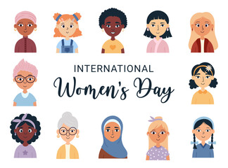 International women's day. Set of women avatars. Inspire inclusion. Cartoon vector illustration