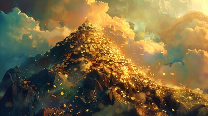 a pile of gold coin is rising on a mountain top, in the style of dark gold and light gold, rich - obrazy, fototapety, plakaty