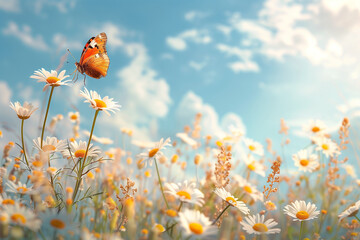 Chamomiles daisy and blue sky with sunshine and a flying butterfly,