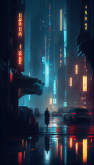 Cyberpunk background blurred city scene in matrix. AI render