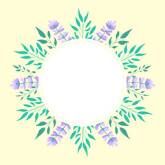 Fototapeta na wymiar Round frame with lavender flowers and green leaves on yellow background. Greeting, invitation card. Flower background with place for text. Vector illustration.
