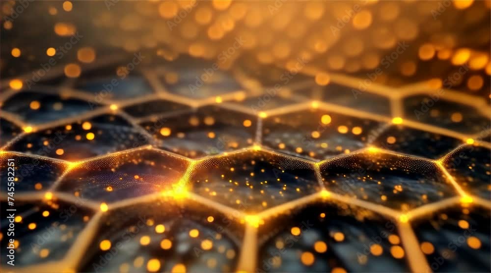 Poster vibrant 3d animation of a honeycomb pattern with golden nodes, depicting connectivity and advanced t
