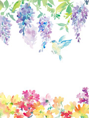 Fototapeta na wymiar 水彩で描いた抽象的な藤の花と草花、鳥の背景用イラスト