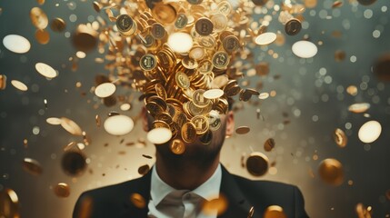 a man his head dissolving into gold coins. - obrazy, fototapety, plakaty