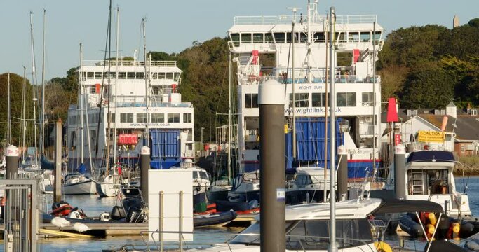 Two Wightlink Ferries moored up at Lymington Ferry Terminal