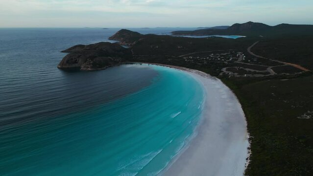 aerial view of Lucky Bay in Cape Legrand National Park at sunrise with a sof light and turquoise water, western australia