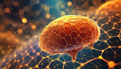 background with bubbles, Abstract geometric background. with hexagons. Structure of human brain cells, neurons glowing orange and red colors. Medicine, technology, communication concept