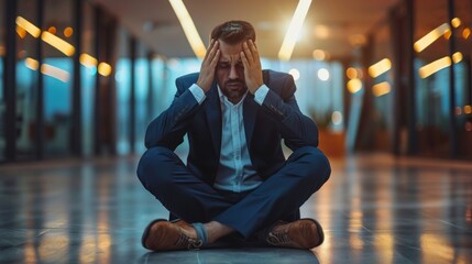 businessman sits on the floor and puts his hands on his temples looking stressed - obrazy, fototapety, plakaty
