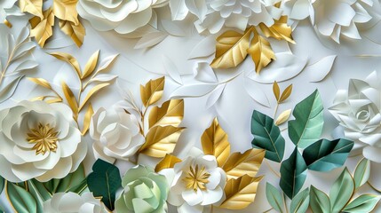 Obraz na płótnie Canvas Gold and Green Leafs with White Background and Pastel Colors - Dark White and Light Gray Shaped Canvas - Innovative Page Design Delicate Flowers Wallpaper created with Generative AI Technology