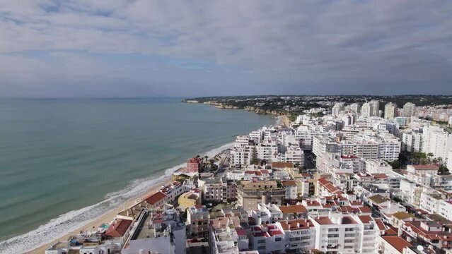 Beautiful seaside resort Armacao de Pera in Portugal, drone establisher, cloudy